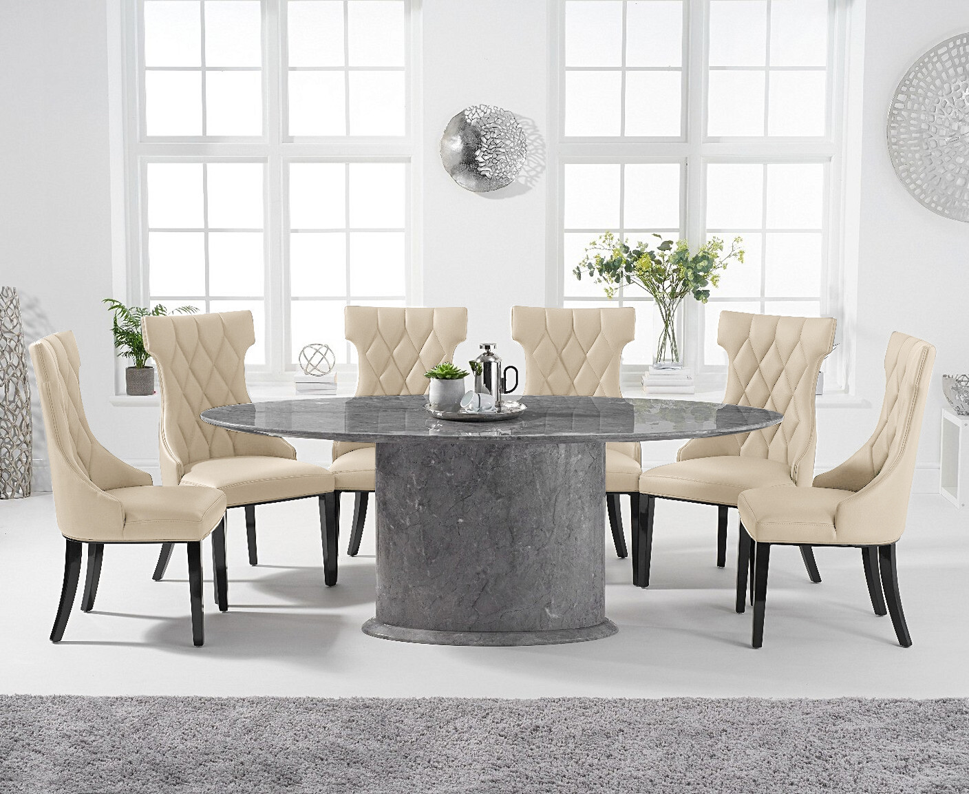 Product photograph of Colby 200cm Oval Grey Marble Dining Table With 6 Cream Sophia Chairs from Oak Furniture Superstore