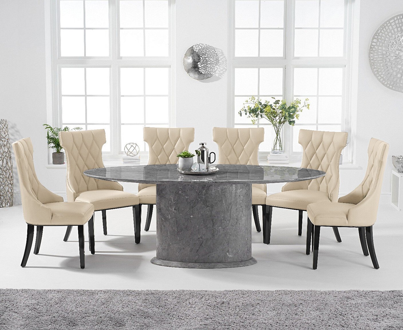 Colby 200cm Oval Grey Marble Dining Table With 6 Cream Sophia Chairs