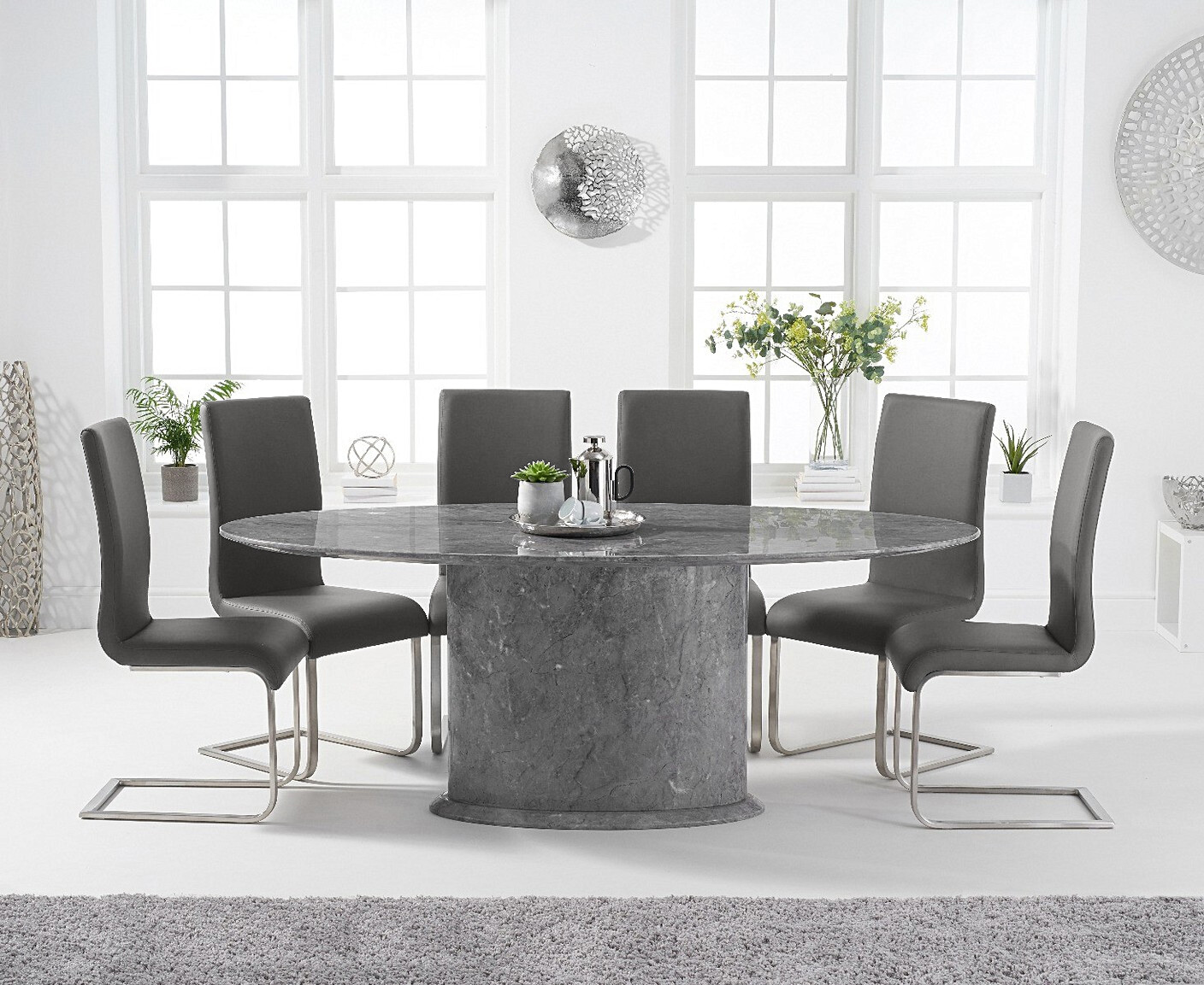 Product photograph of Colby 200cm Oval Grey Marble Dining Table With 10 Grey Austin Chairs from Oak Furniture Superstore