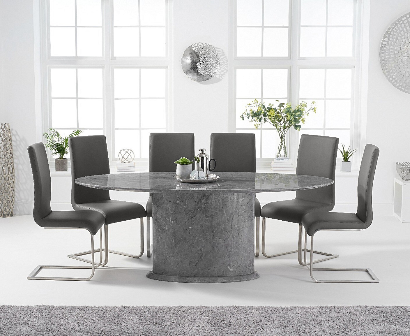 Colby 200cm Oval Grey Marble Dining Table With 6 Grey Austin Chairs