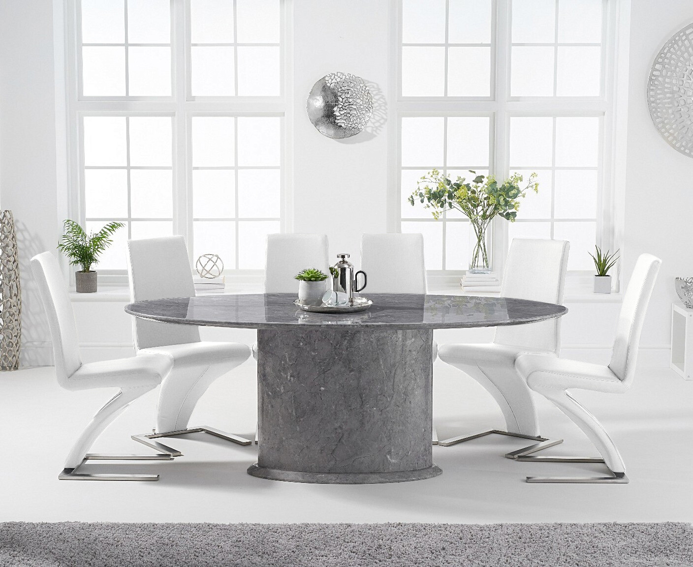 Product photograph of Colby 200cm Oval Grey Marble Dining Table With 6 White Aldo Chairs from Oak Furniture Superstore
