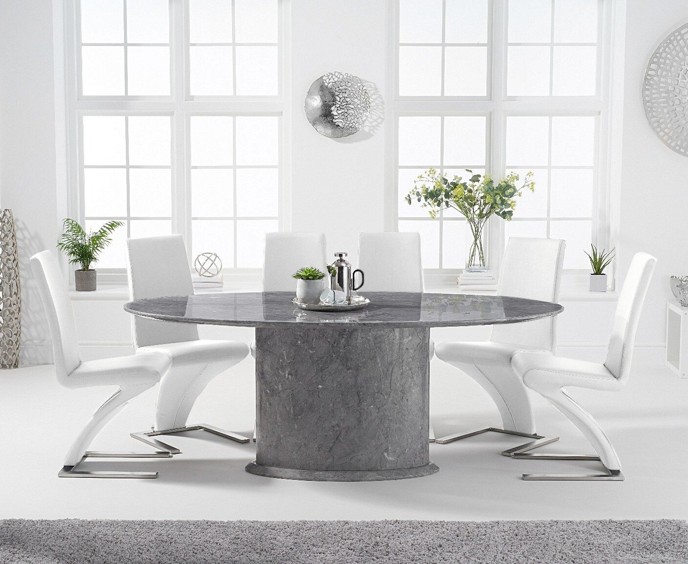 Colby 200cm Oval Grey Marble Dining Table With 6 White Aldo Chairs