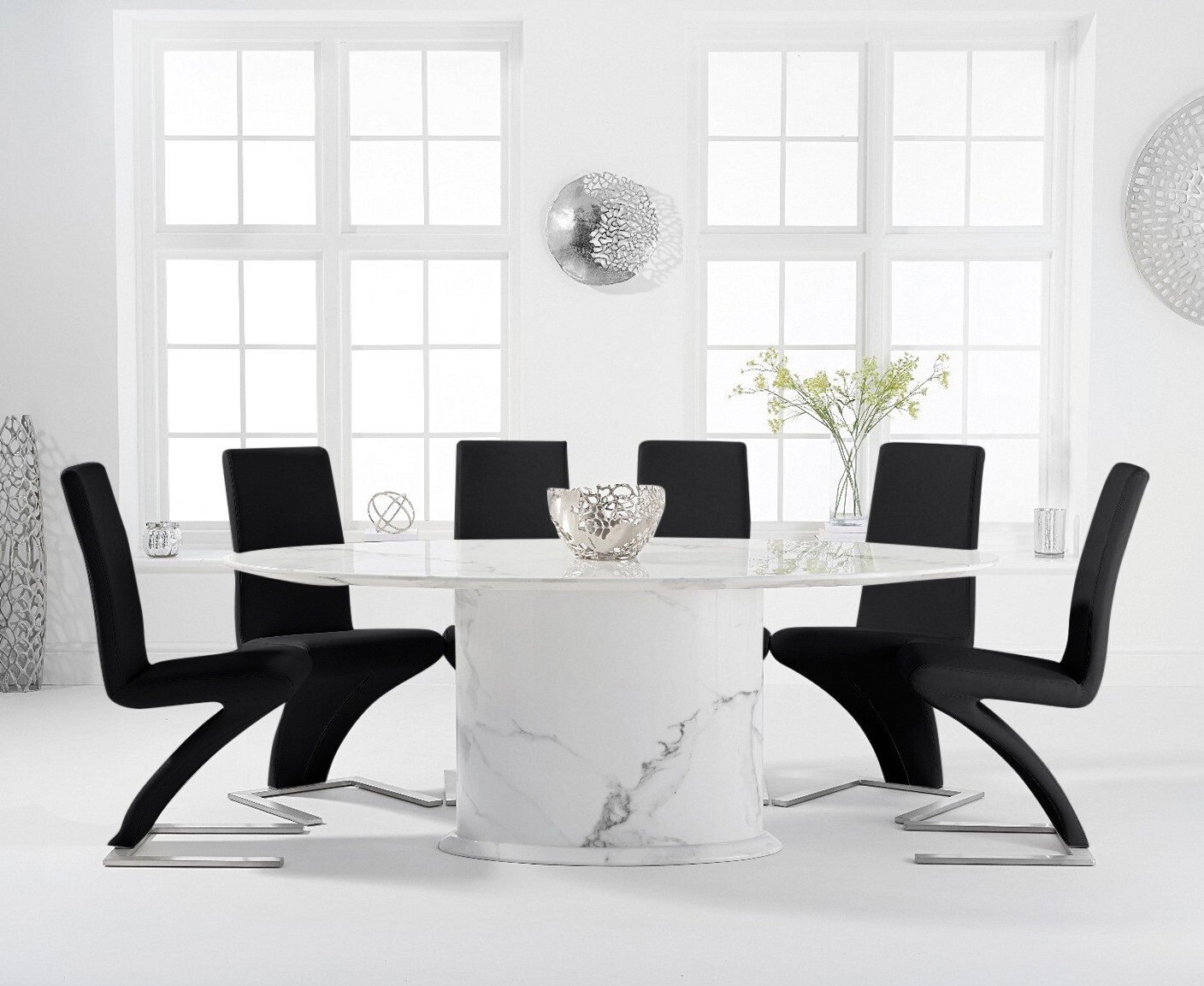 Product photograph of Colby 200cm Oval White Marble Dining Table With 6 Black Aldo Chairs from Oak Furniture Superstore