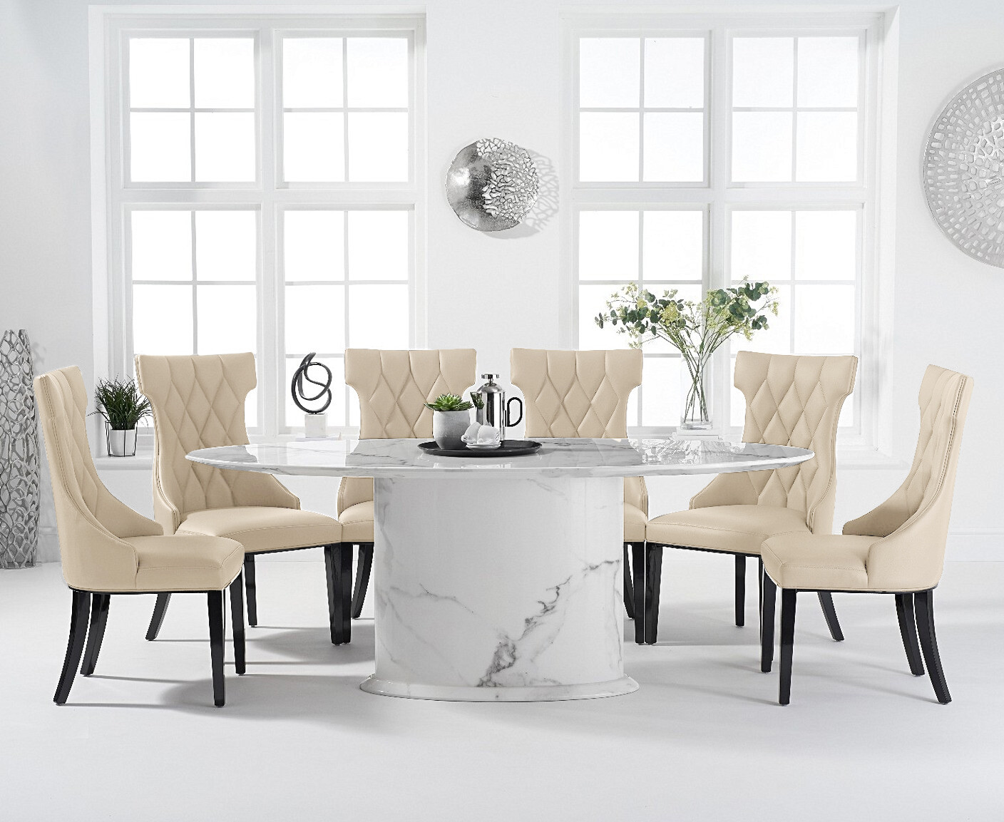 Product photograph of Colby 200cm Oval White Marble Dining Table With 6 Cream Sophia Chairs from Oak Furniture Superstore