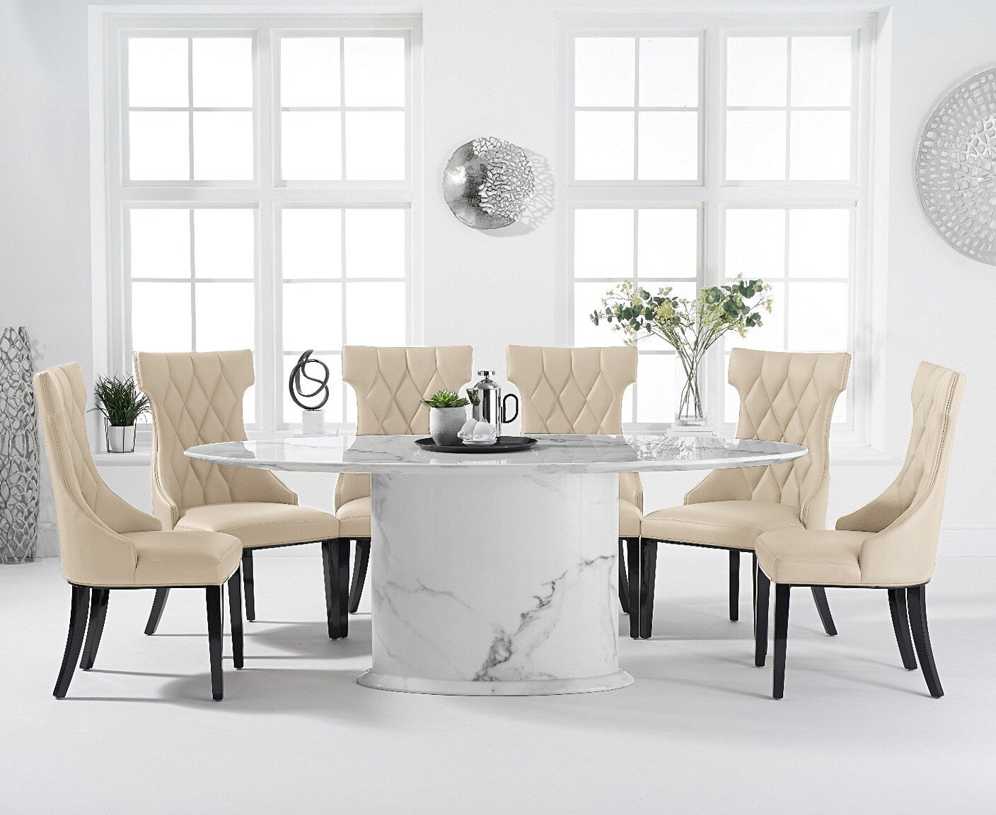 Colby 200cm Oval White Marble Dining Table With 6 Cream Sophia Chairs