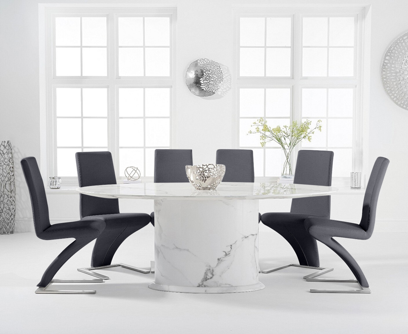 Product photograph of Colby 200cm Oval White Marble Dining Table With 6 Grey Aldo Chairs from Oak Furniture Superstore