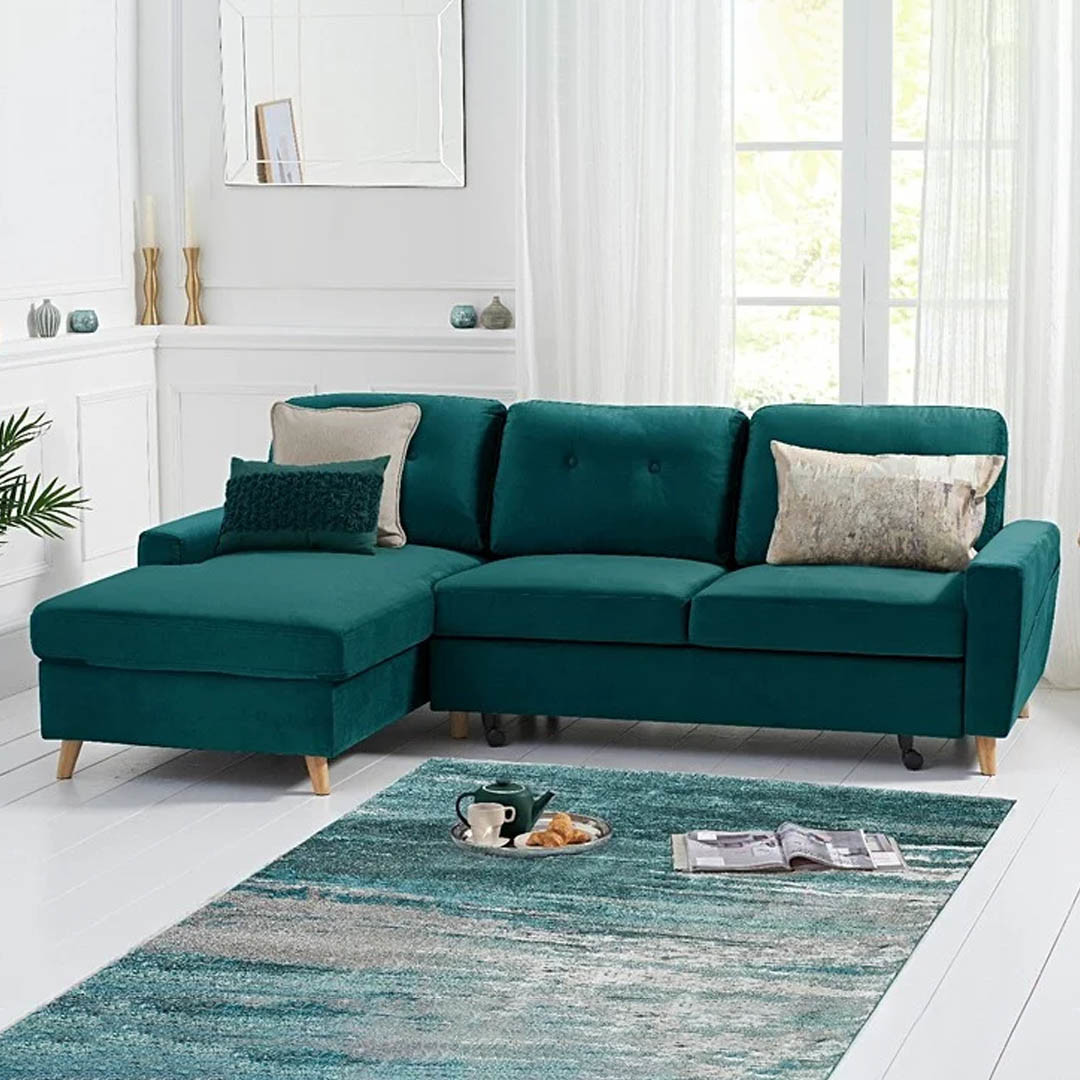 Product photograph of Florence Left Facing Chaise Sofa Bed In Green Velvet from Oak Furniture Superstore