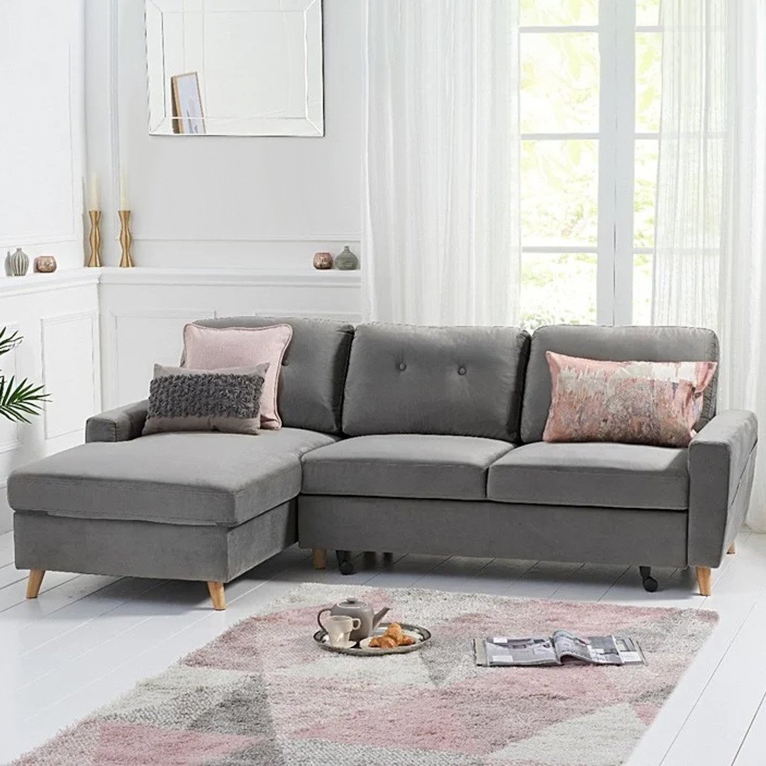 Product photograph of Florence Left Facing Chaise Sofa Bed In Grey Velvet from Oak Furniture Superstore