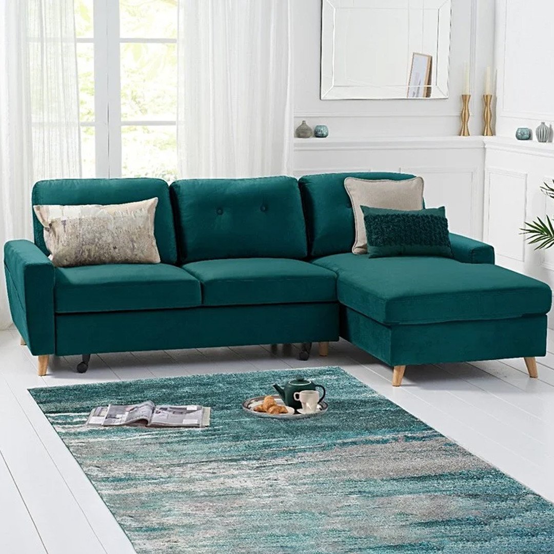 Product photograph of Florence Right Facing Chaise Sofa Bed In Green Velvet from Oak Furniture Superstore