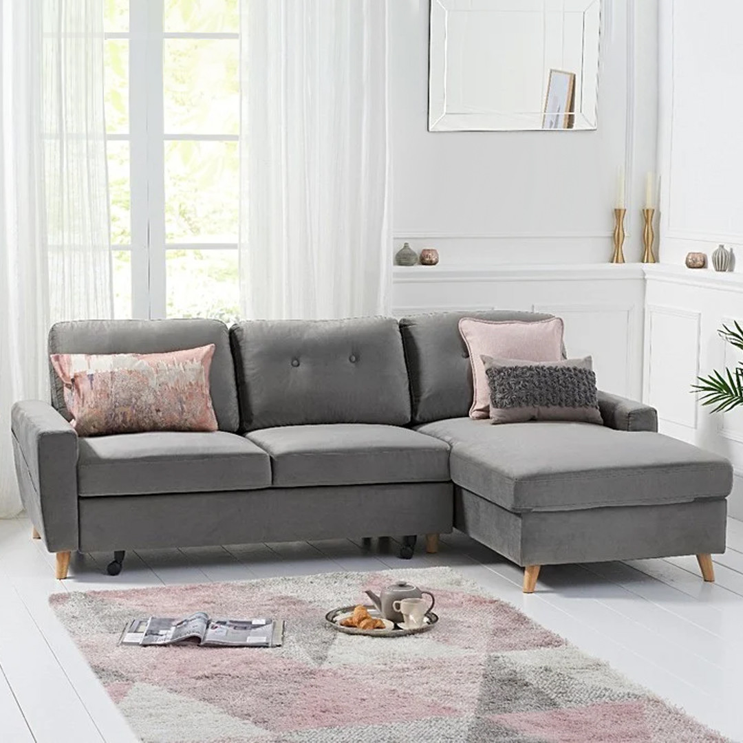 Product photograph of Florence Right Facing Chaise Sofa Bed In Grey Velvet from Oak Furniture Superstore