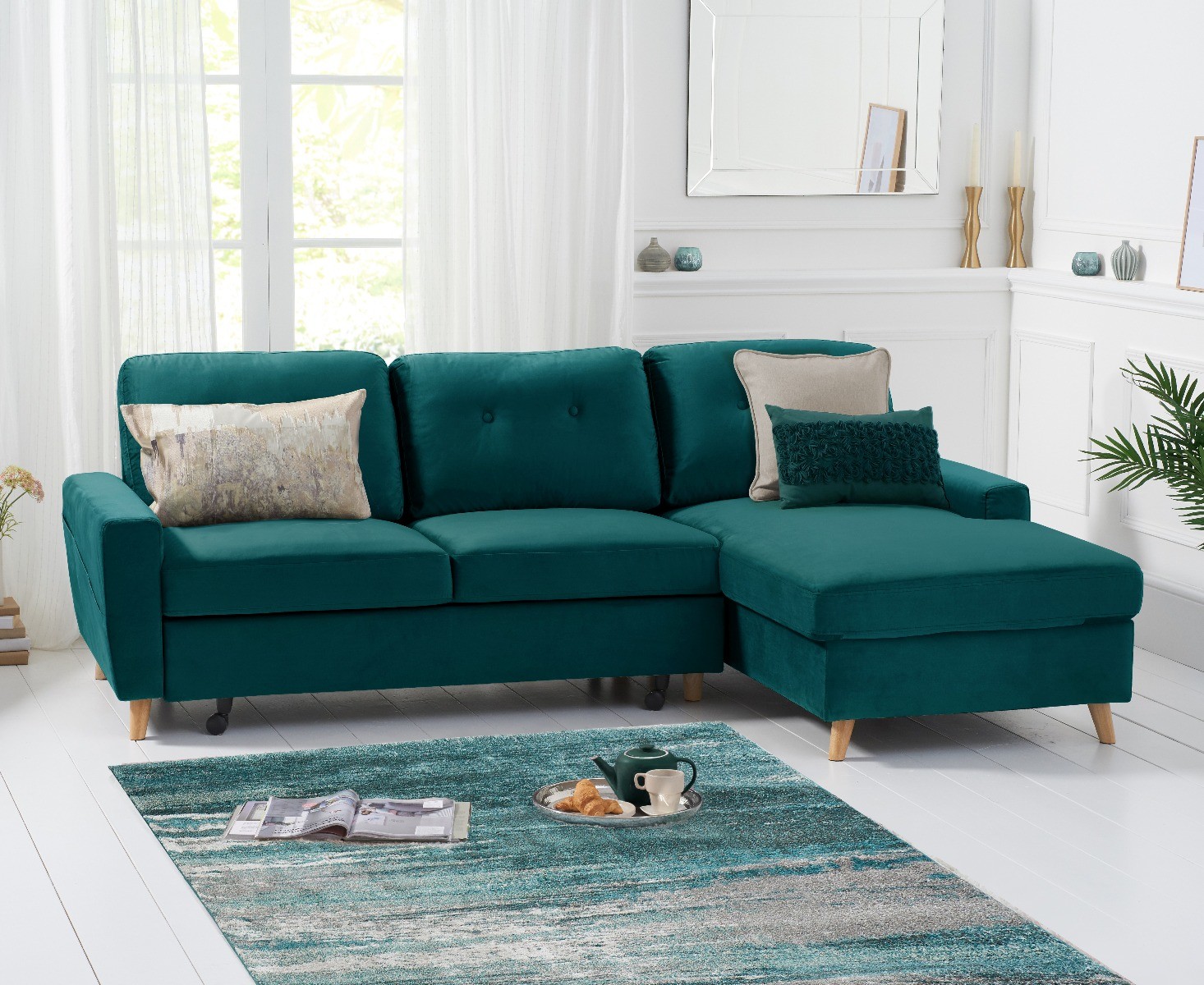 Product photograph of Florence Right Facing Chaise Sofa Bed In Green Velvet from Oak Furniture Superstore