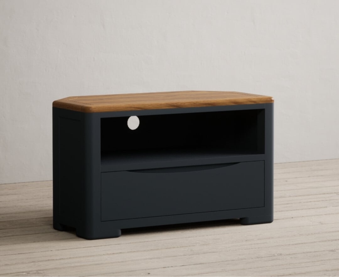 Product photograph of Pembridge Oak And Dark Blue Painted Corner Tv Cabinet from Oak Furniture Superstore