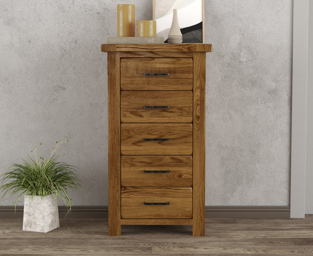 Product photograph of Harrogate Rustic Solid Oak 5 Drawer Tallboy from Oak Furniture Superstore