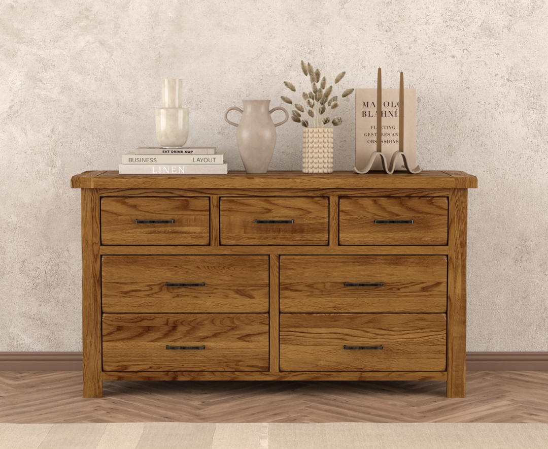 Product photograph of Harrogate Rustic Solid Oak Wide Chest Of Drawers from Oak Furniture Superstore