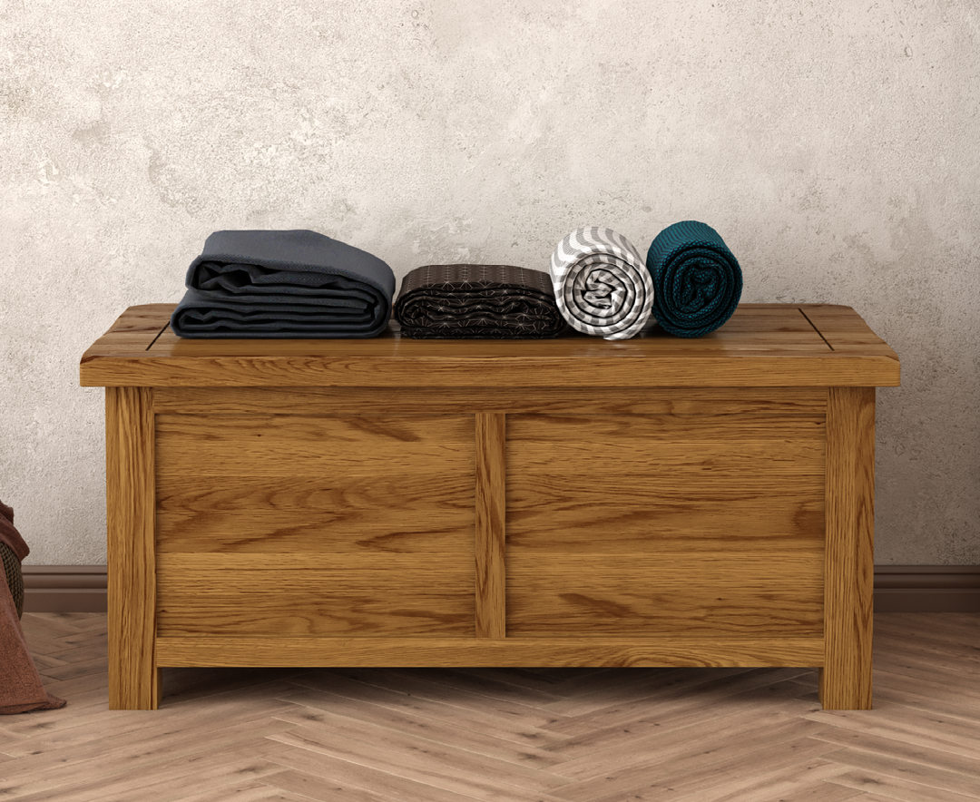 Product photograph of Harrogate Rustic Solid Oak Blanket Box from Oak Furniture Superstore