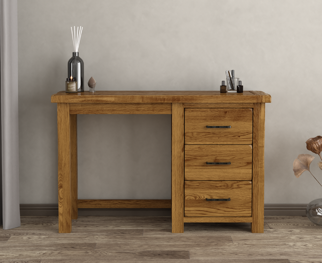 Product photograph of Harrogate Rustic Solid Oak 3 Drawer Dressing Table from Oak Furniture Superstore