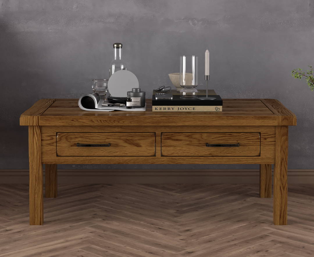 Product photograph of Harrogate Rustic Solid Oak 4 Drawer Coffee Table from Oak Furniture Superstore