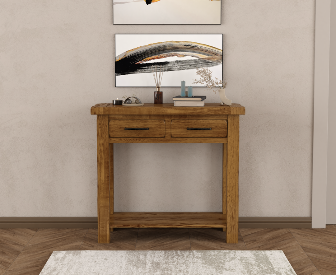 Product photograph of Harrogate Rustic Solid Oak 2 Drawer Console Table from Oak Furniture Superstore