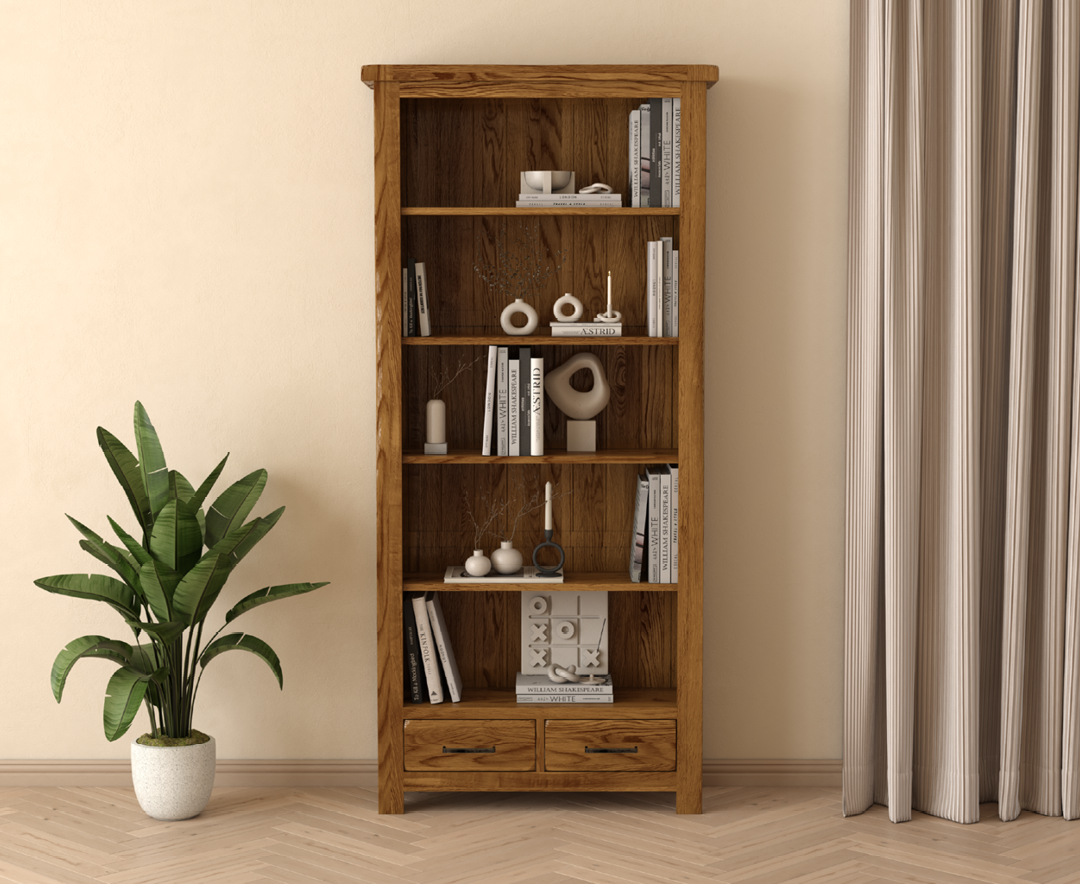 Product photograph of Harrogate Rustic Solid Oak Large Bookcase from Oak Furniture Superstore