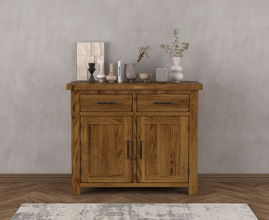 Product photograph of Harrogate Rustic Solid Oak Small Sideboard from Oak Furniture Superstore