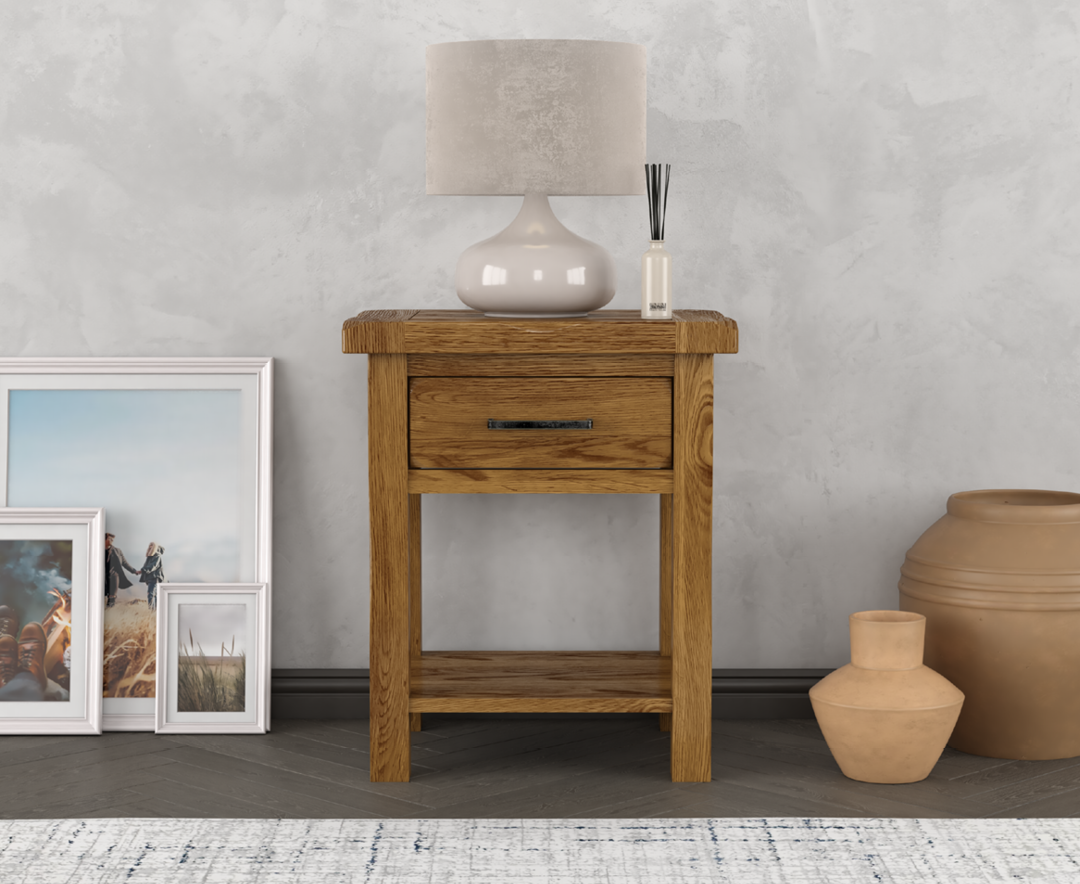 Product photograph of Harrogate Rustic Solid Oak Lamp Table from Oak Furniture Superstore