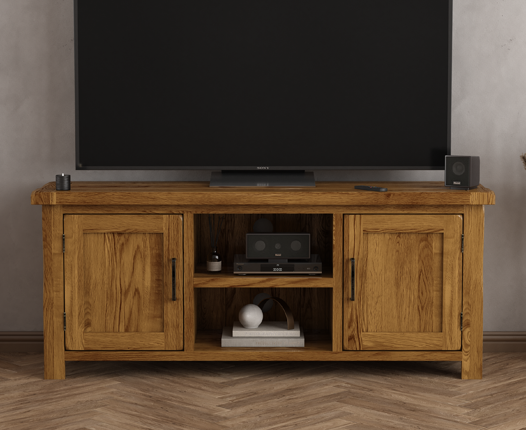 Product photograph of Harrogate Rustic Solid Oak Widescreen Tv Cabinet from Oak Furniture Superstore
