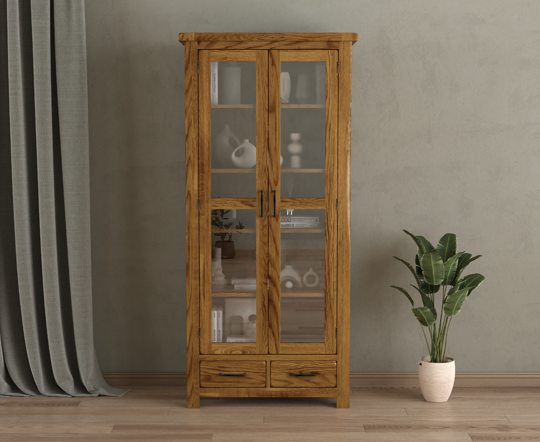 Product photograph of Harrogate Rustic Solid Oak Glazed Display Cabinet from Oak Furniture Superstore