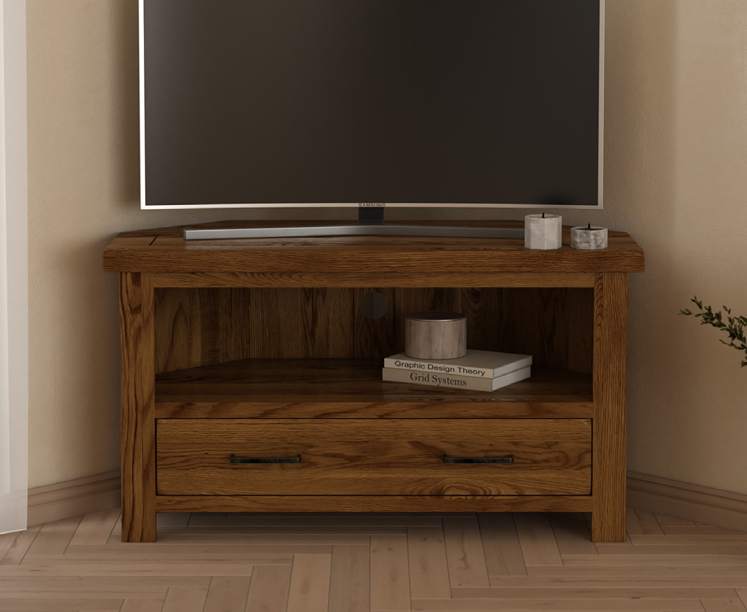 Product photograph of Harrogate Rustic Solid Oak Corner Tv Cabinet from Oak Furniture Superstore