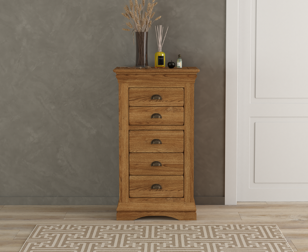Product photograph of Burford Rustic Solid Oak 5 Drawer Tallboy from Oak Furniture Superstore