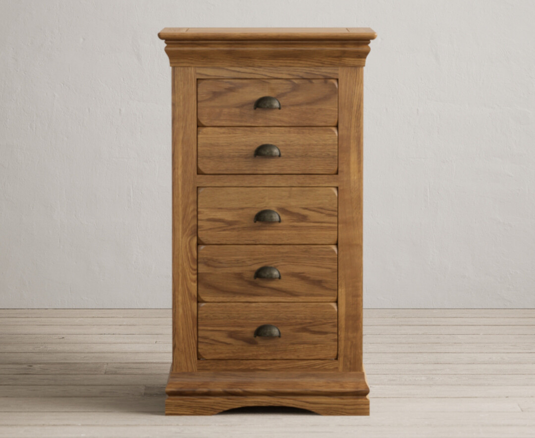 Product photograph of Burford Rustic Solid Oak 5 Drawer Tallboy from Oak Furniture Superstore