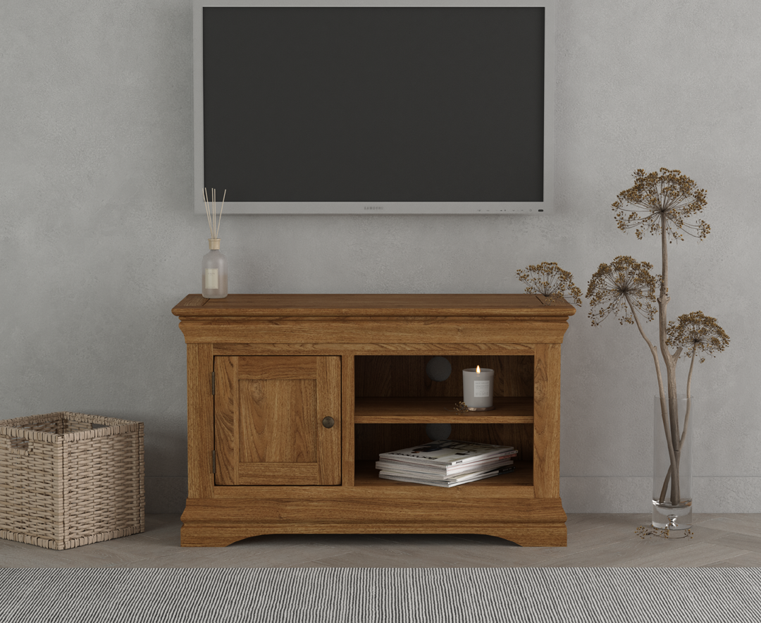 Product photograph of Burford Rustic Solid Oak Small Tv Unit from Oak Furniture Superstore