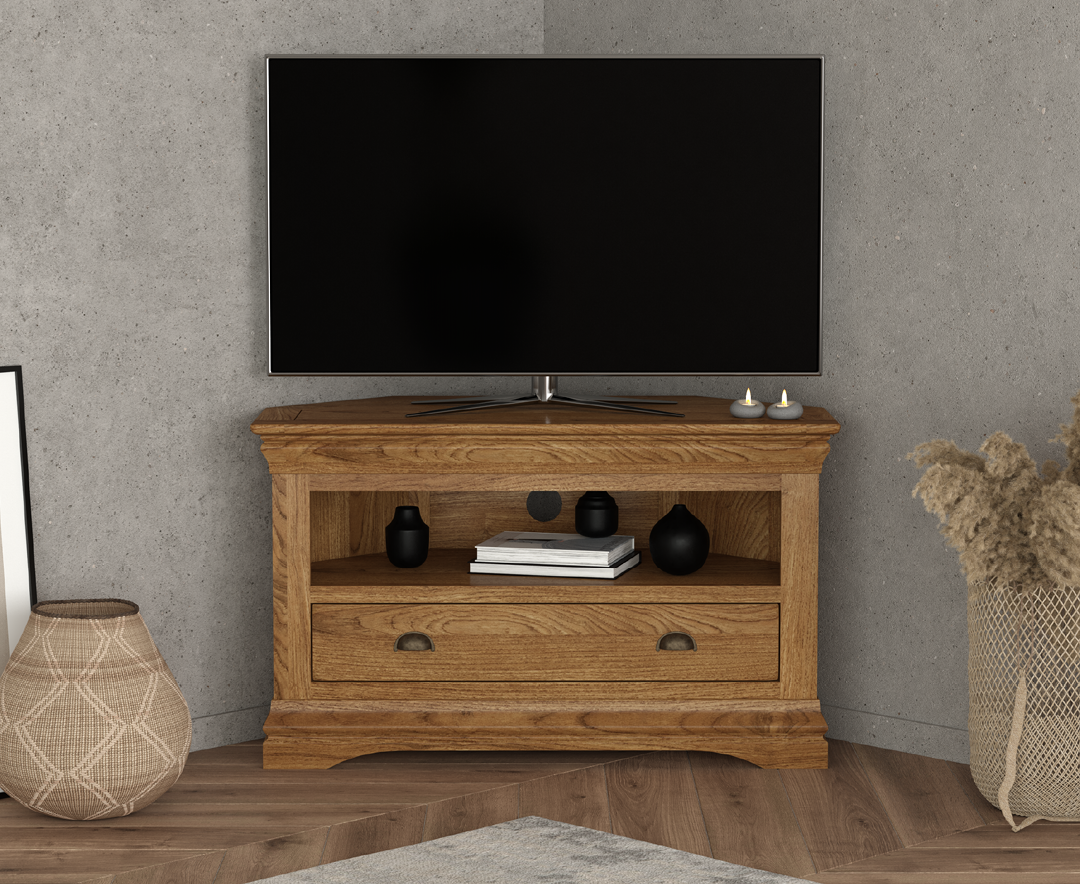 Product photograph of Burford Rustic Solid Oak Corner Tv Unit from Oak Furniture Superstore