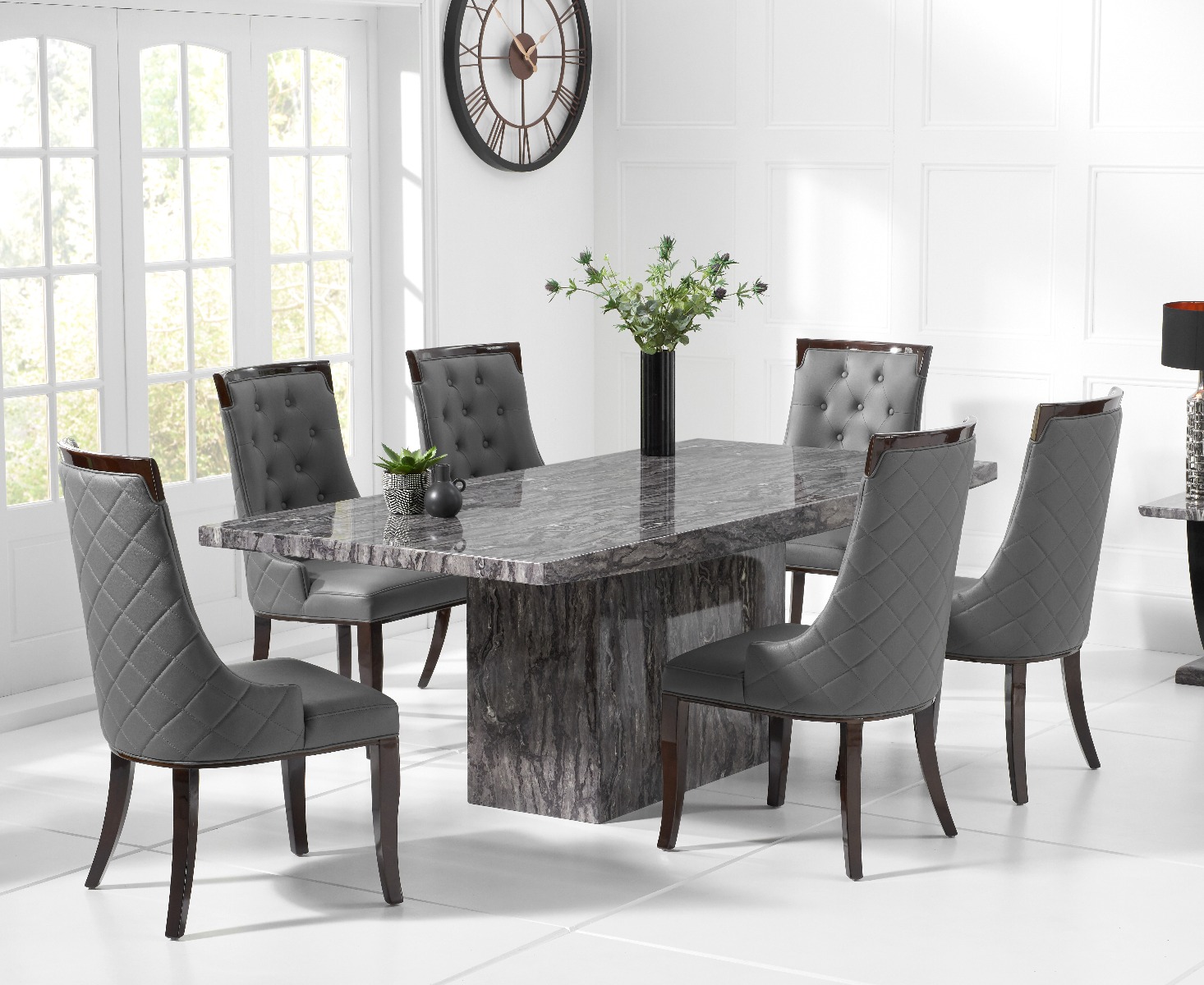Product photograph of Crema 160cm Grey Marble Dining Table With 8 Grey Francesca Chairs from Oak Furniture Superstore