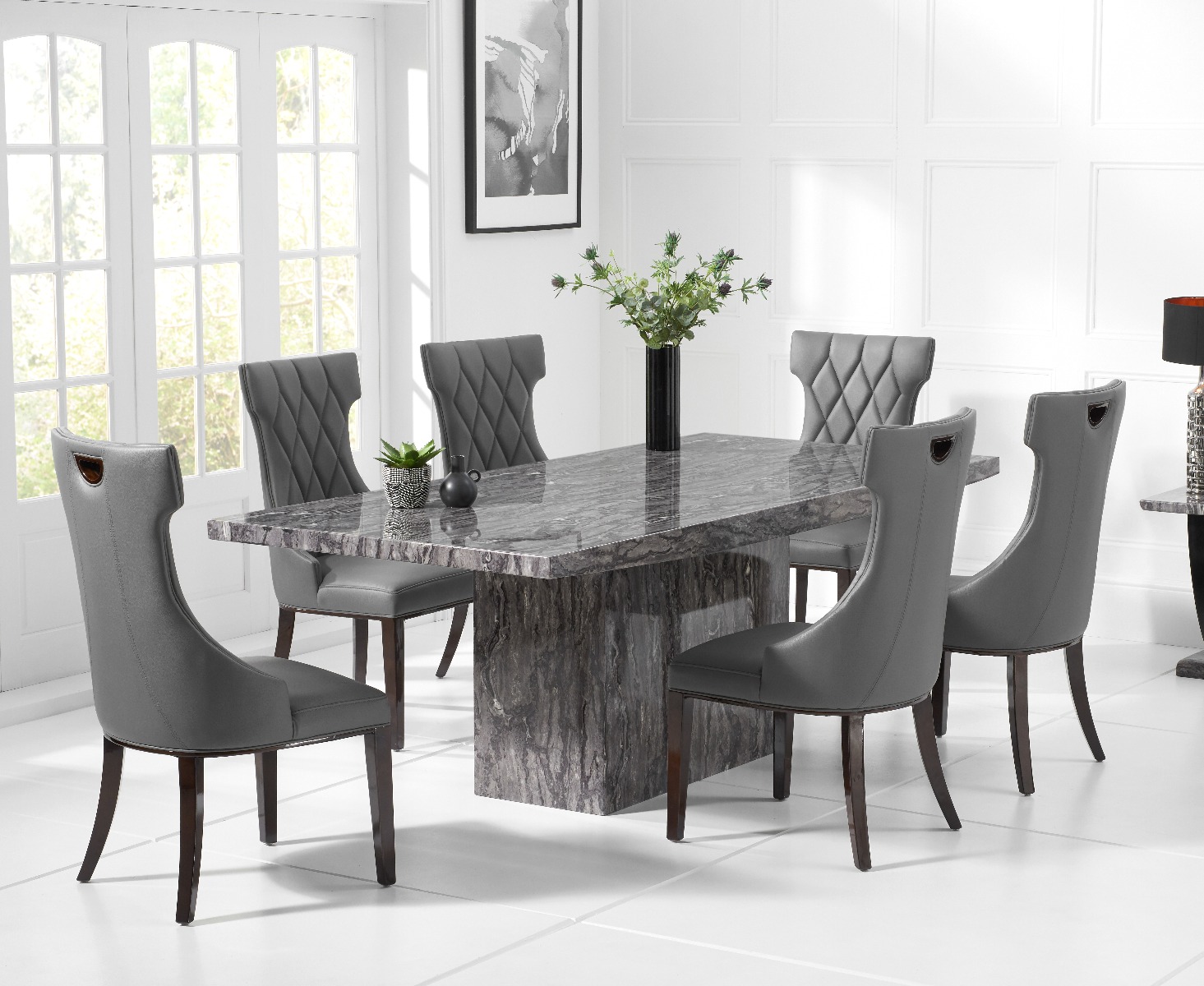 Product photograph of Crema 160cm Grey Marble Dining Table With 4 Grey Sophia Chairs from Oak Furniture Superstore