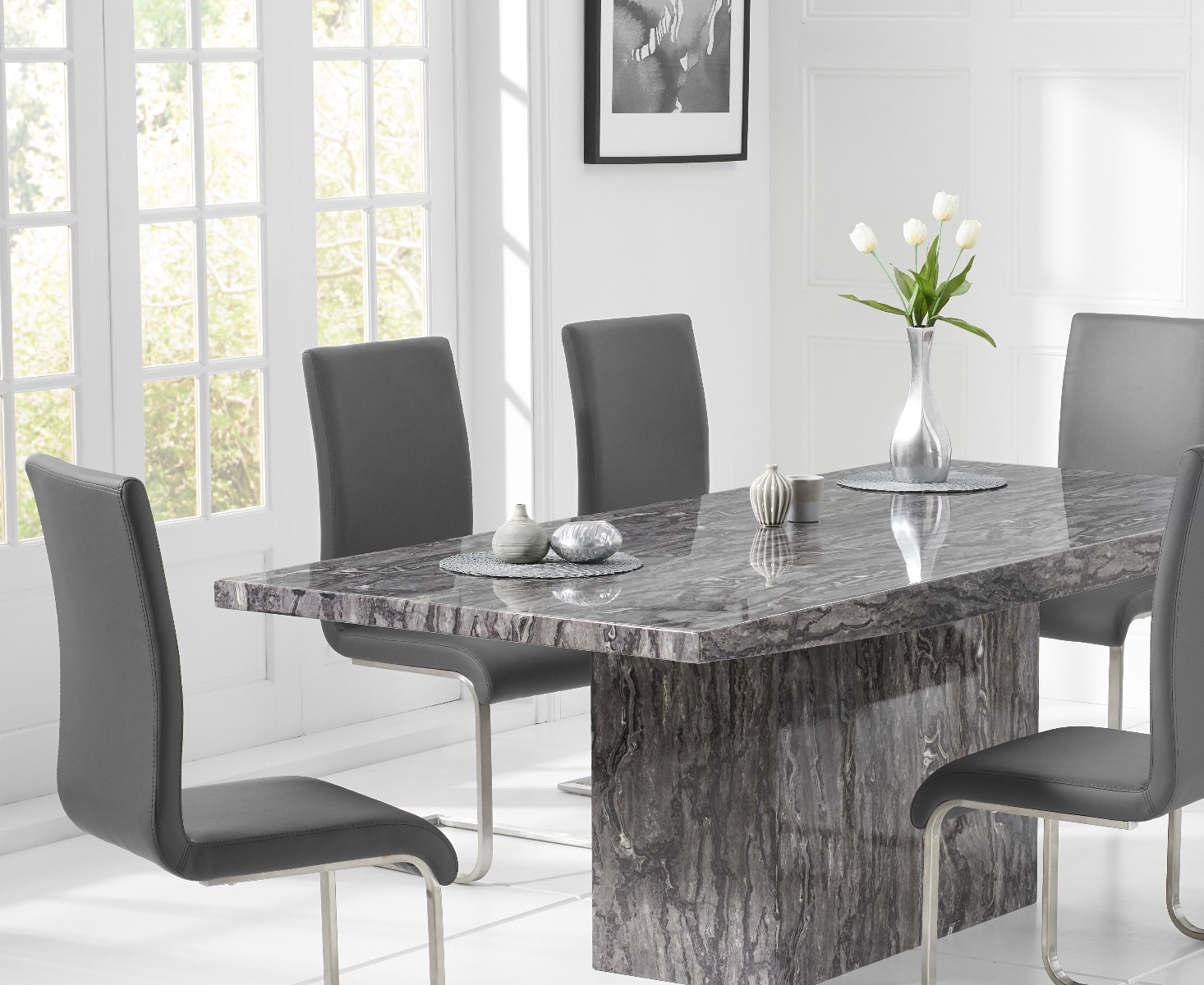 Photo 1 of Crema 160cm grey marble dining table with 6 black austin chairs