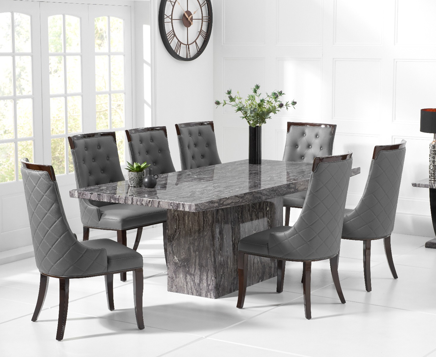 Product photograph of Crema 180cm Grey Marble Dining Table With 6 Grey Francesca Chairs from Oak Furniture Superstore