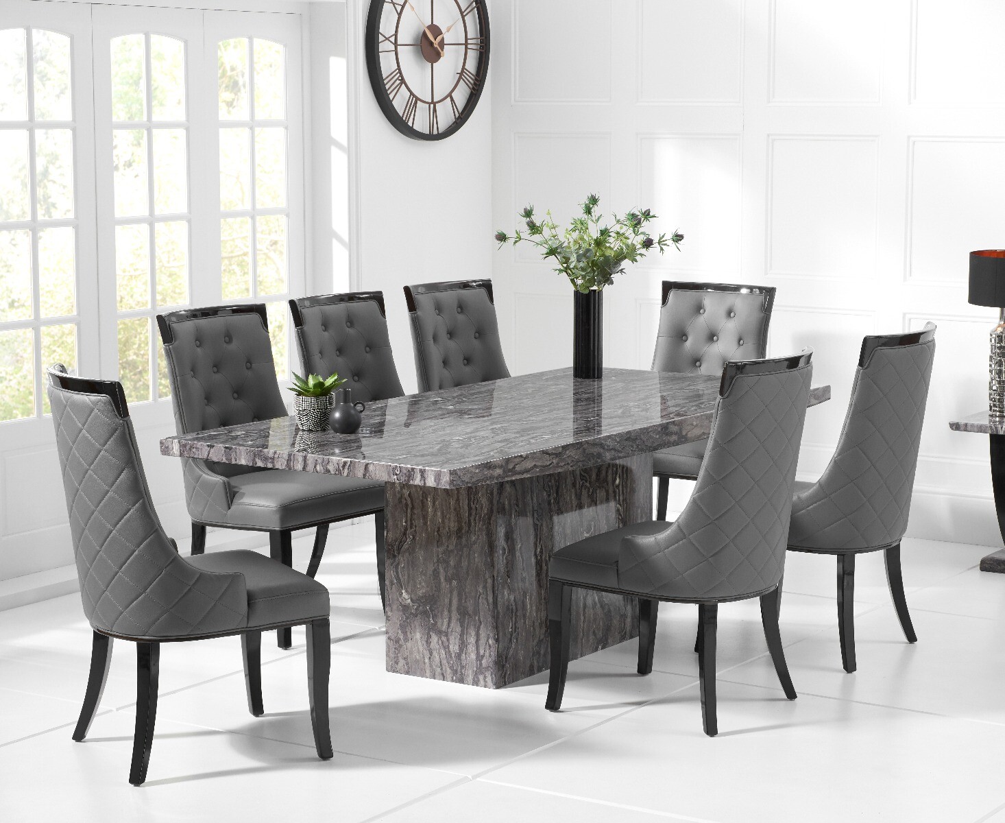 Product photograph of Crema 220cm Grey Marble Dining Table With 12 Grey Francesca Chairs from Oak Furniture Superstore