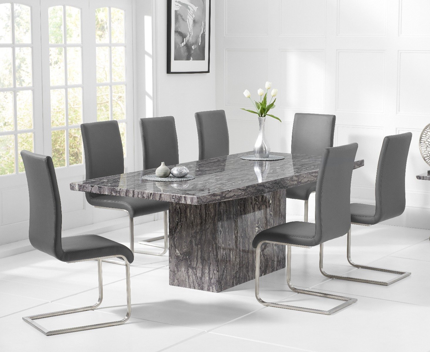 Crema 220cm Grey Marble Dining Table With 8 Grey Austin Chairs