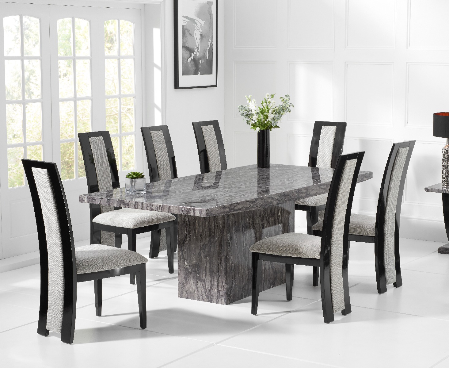 Product photograph of Crema 180cm Grey Marble Dining Table With 10 Brown Novara Chairs from Oak Furniture Superstore
