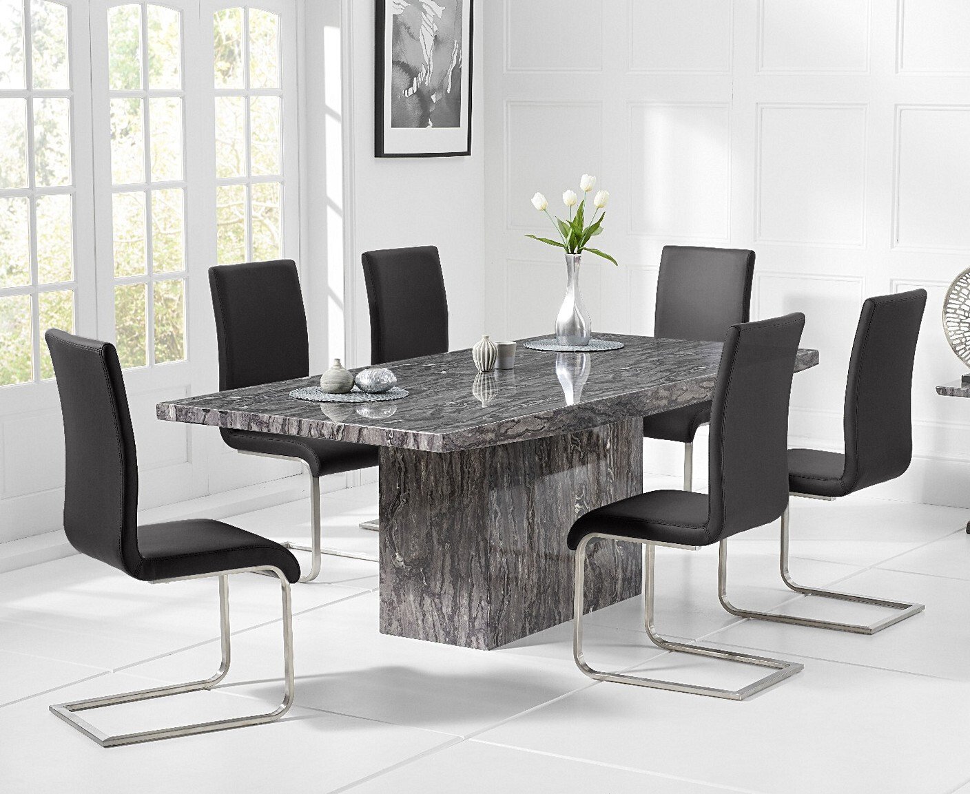 Crema 220cm Grey Marble Dining Table With 10 Black Austin Chairs