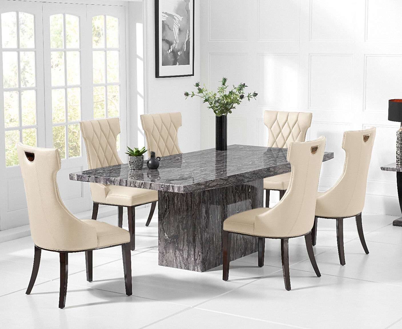 Product photograph of Crema 160cm Grey Marble Dining Table With 8 Cream Sophia Chairs from Oak Furniture Superstore