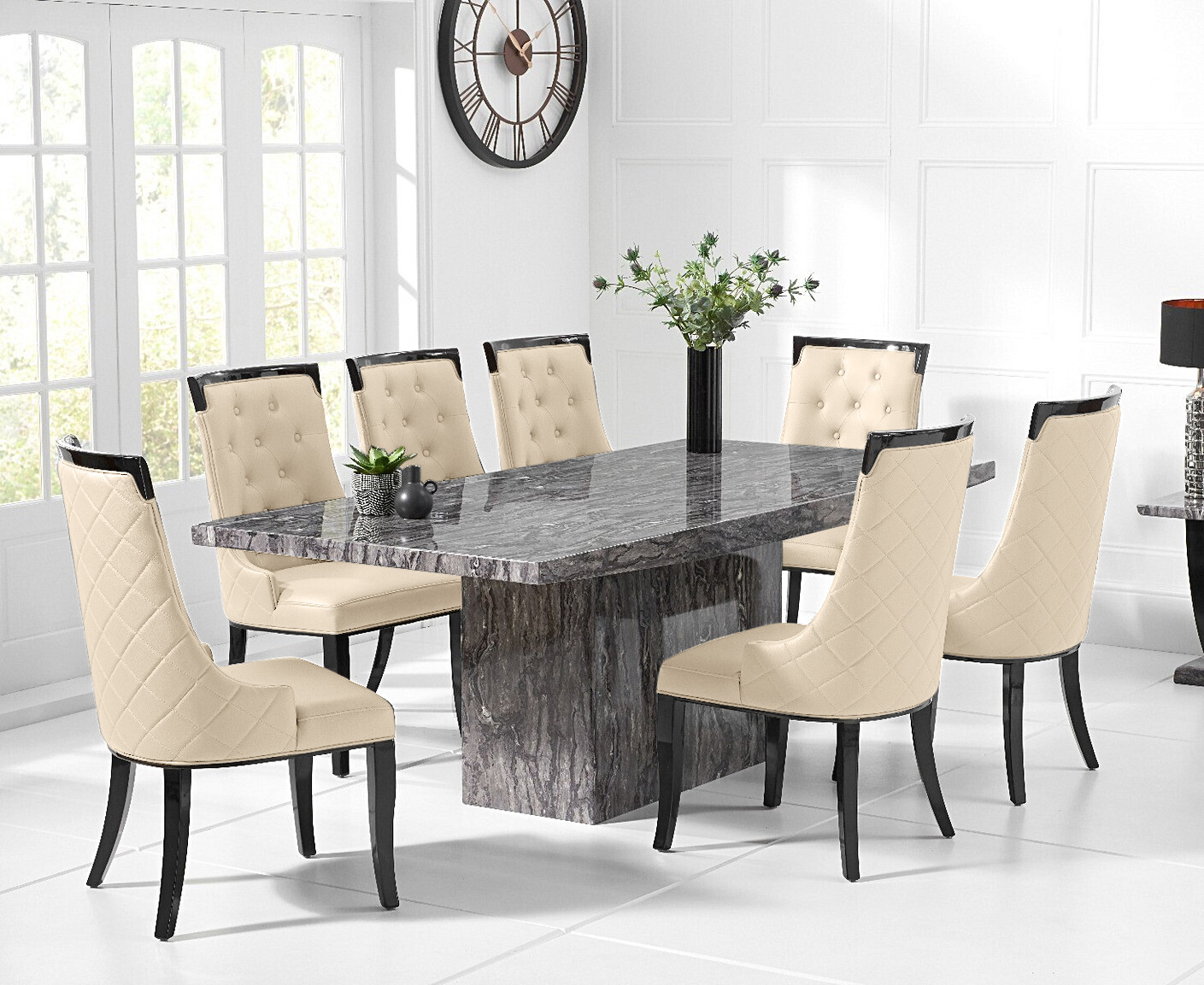 Product photograph of Crema 220cm Grey Marble Dining Table With 6 Cream Francesca Chairs from Oak Furniture Superstore