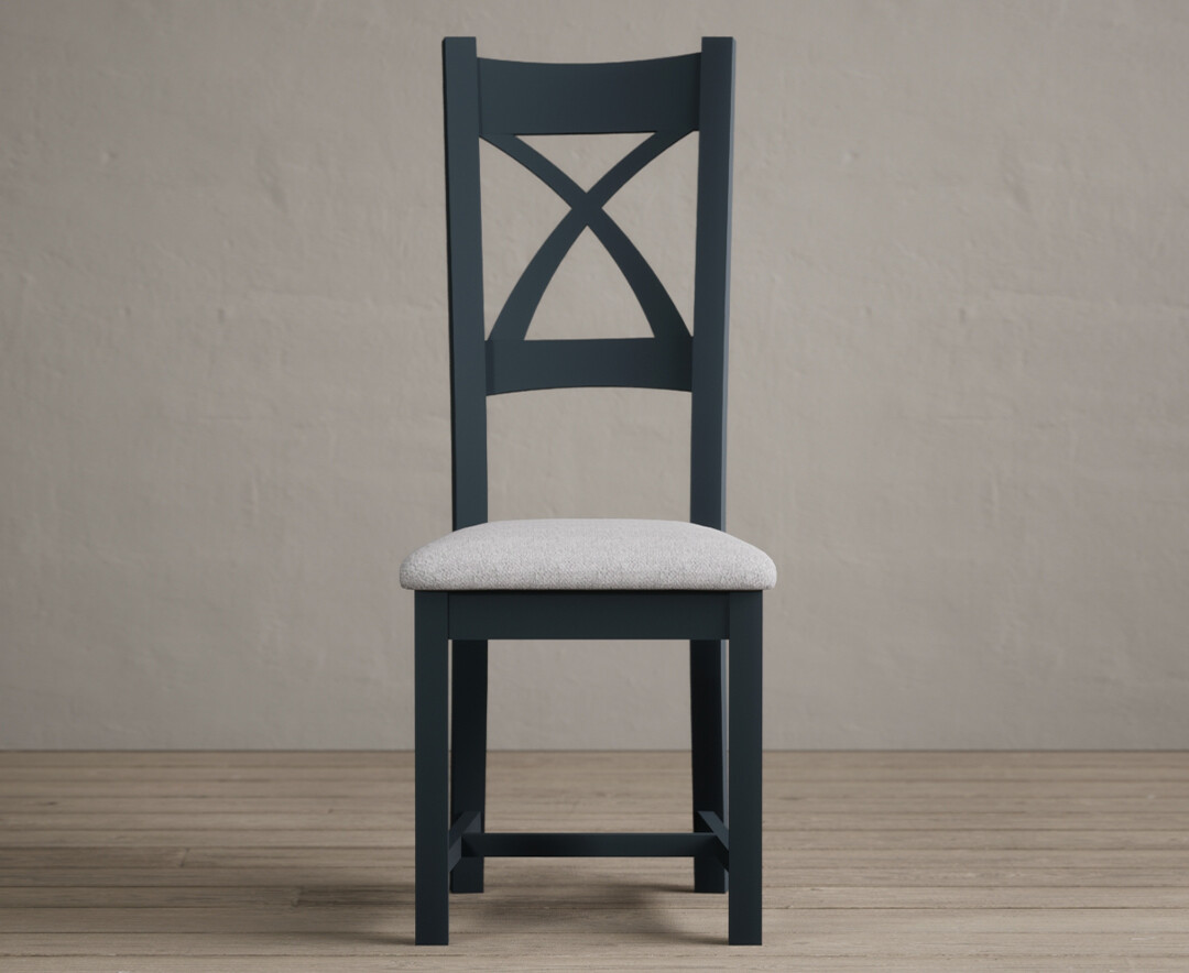 Painted Dark Blue X Back Dining Chairs With Light Grey Fabric Seat Pad