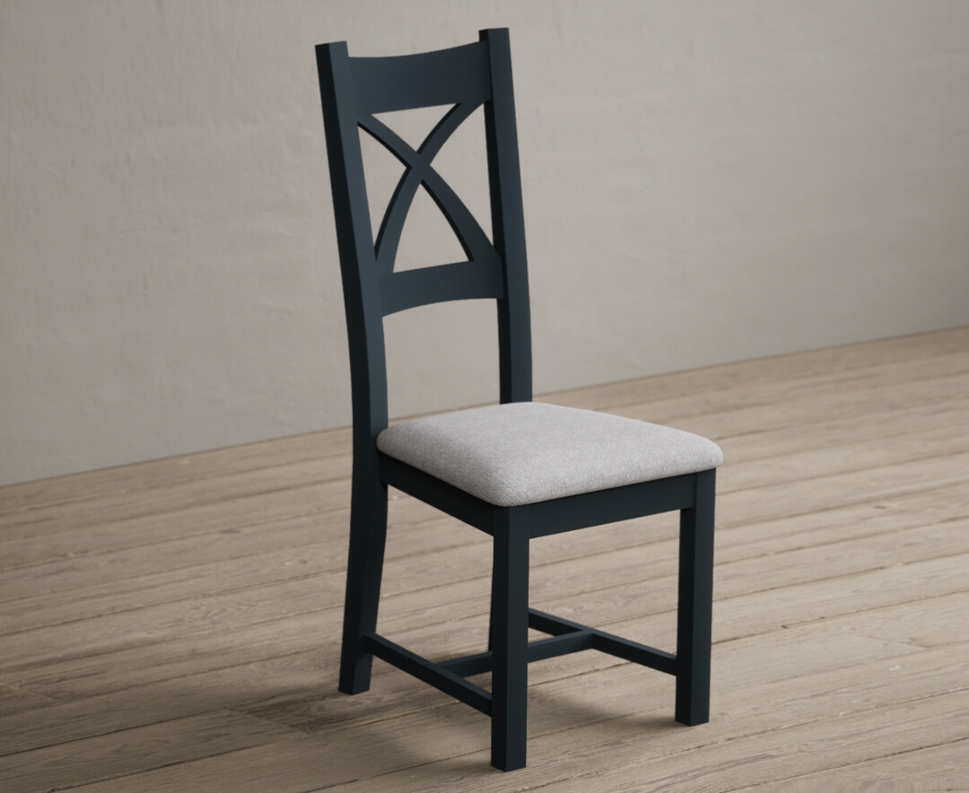 Photo 1 of Painted dark blue x back dining chairs with light grey fabric seat pad