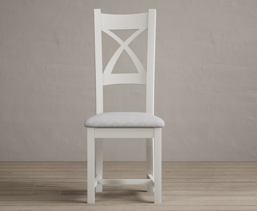 Product photograph of Painted Chalk White X Back Dining Chairs With Light Grey Fabric Seat Pad from Oak Furniture Superstore