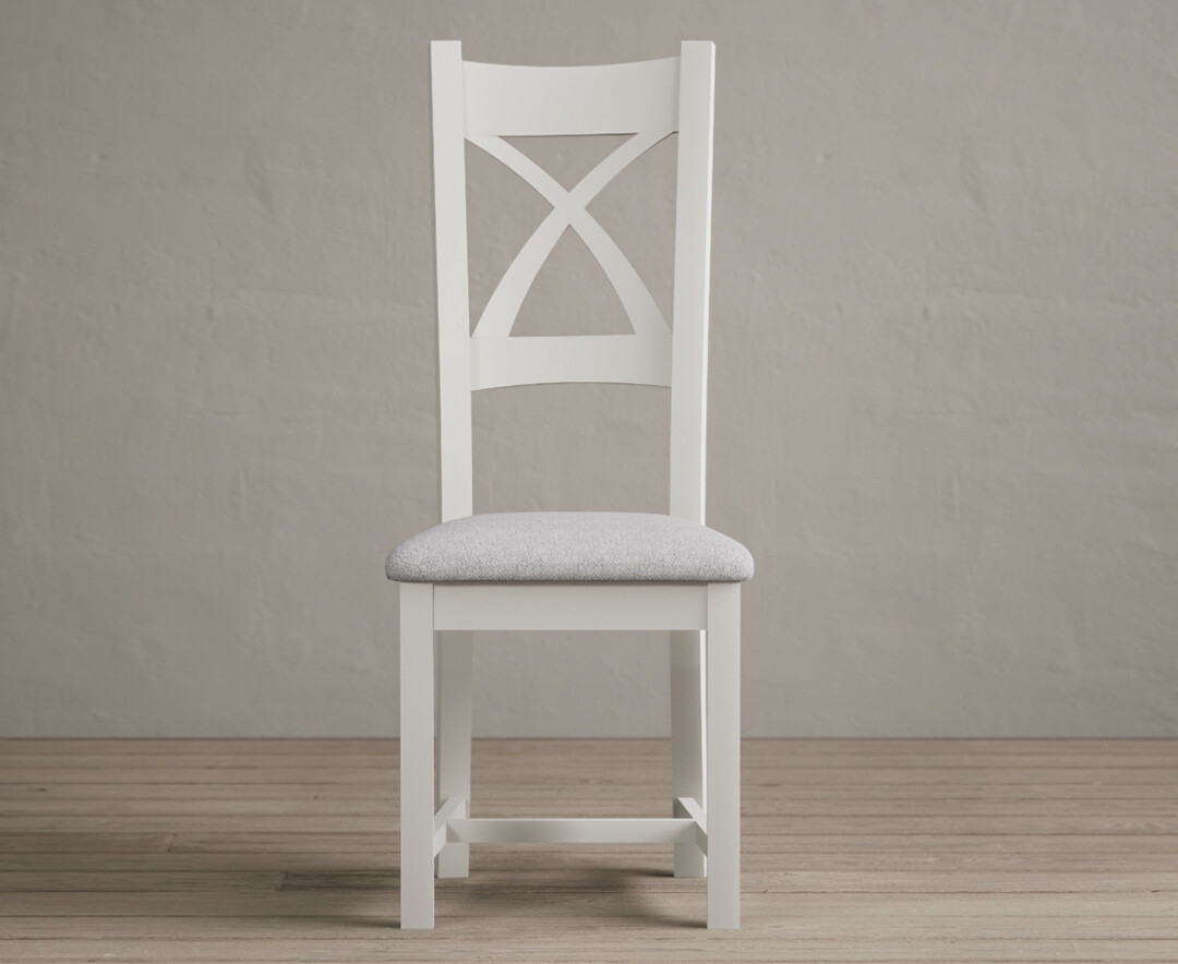 Painted Chalk White X Back Dining Chairs With Light Grey Fabric Seat Pad