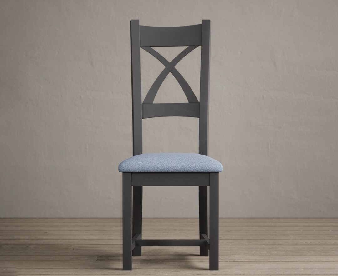 Product photograph of Painted Charcoal X Back Dining Chairs With Blue Fabric Seat Pad from Oak Furniture Superstore