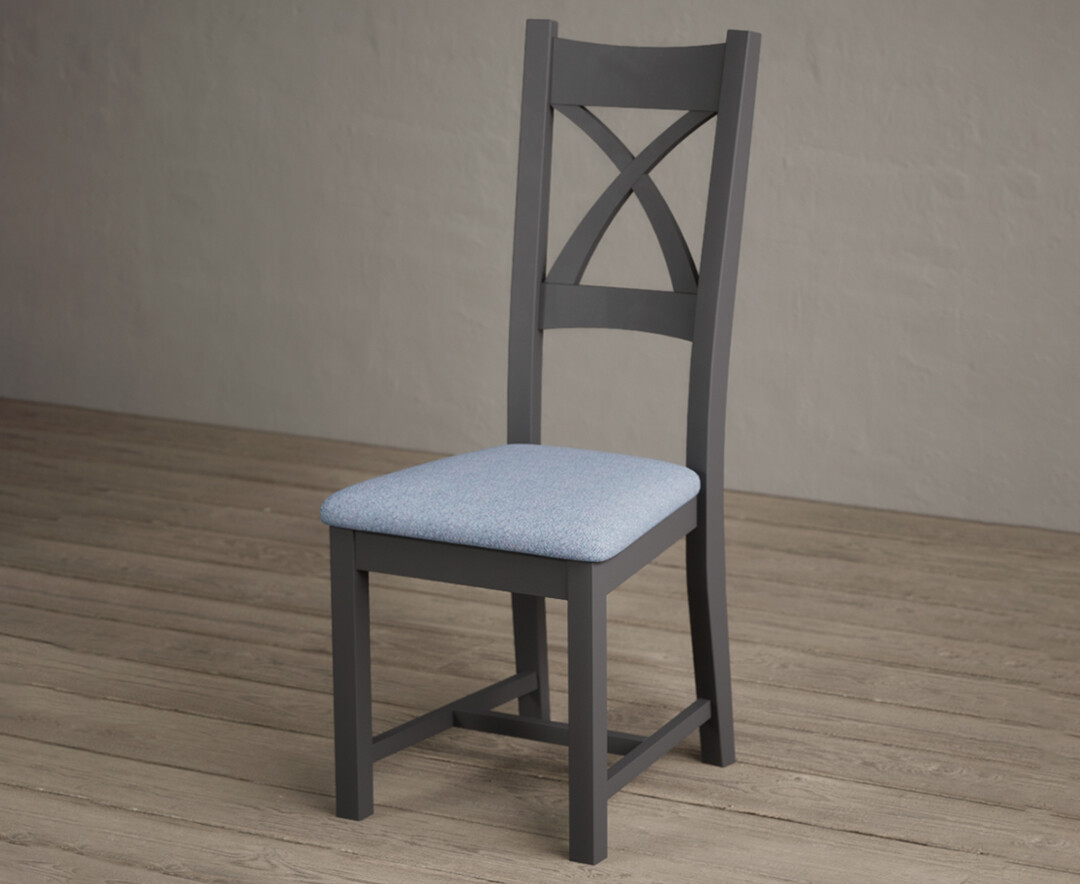 Photo 2 of Painted charcoal x back dining chairs with blue fabric seat pad