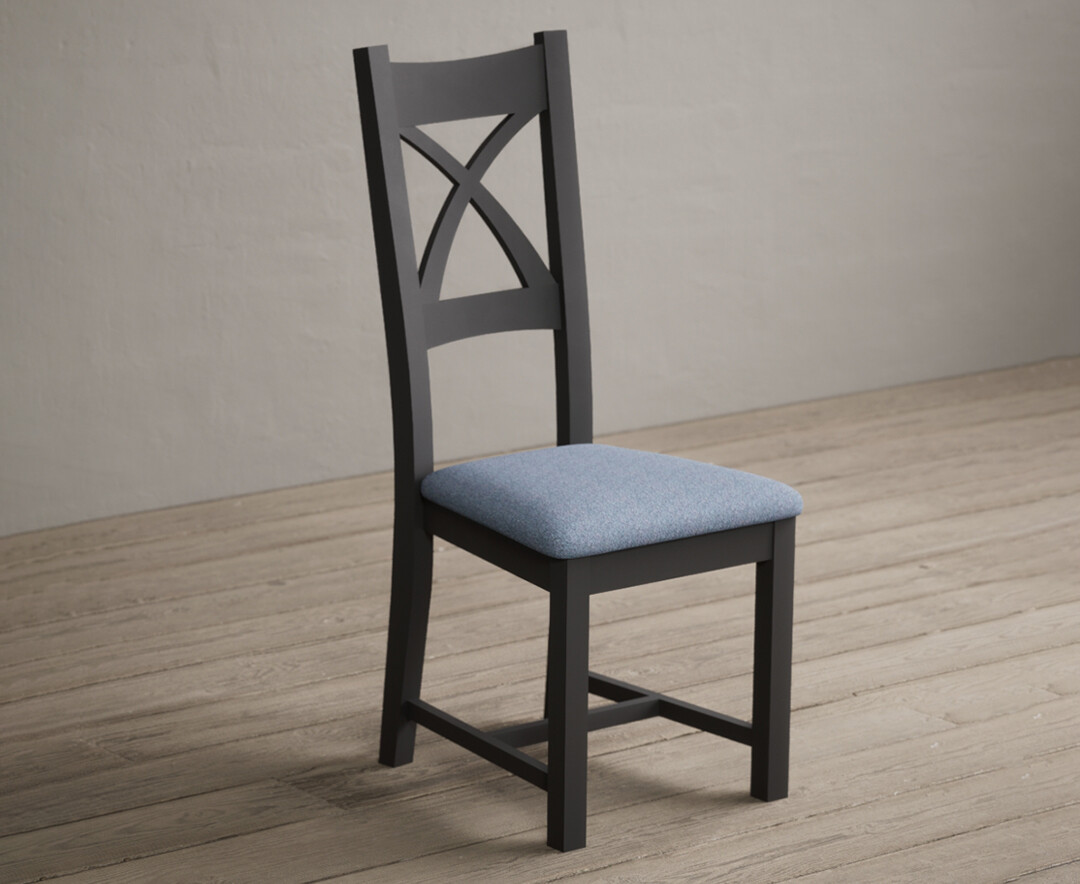 Photo 1 of Painted charcoal x back dining chairs with blue fabric seat pad