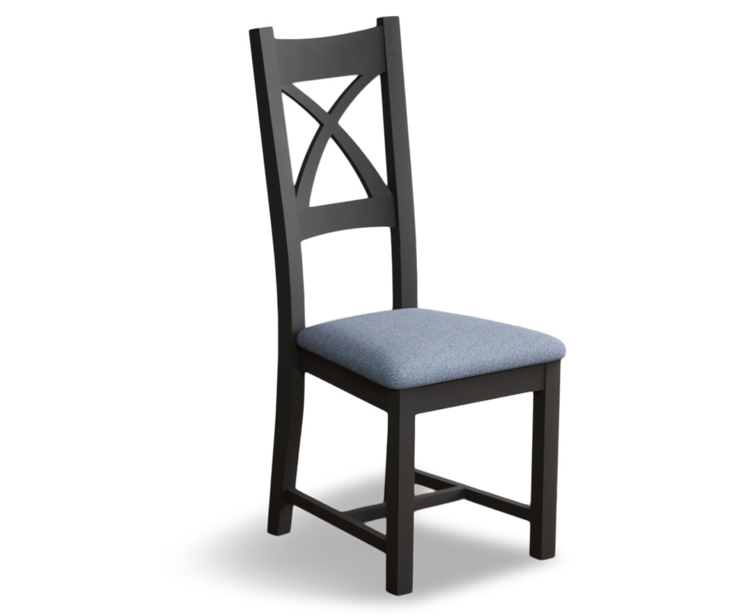 Photo 3 of Painted charcoal x back dining chairs with blue fabric seat pad